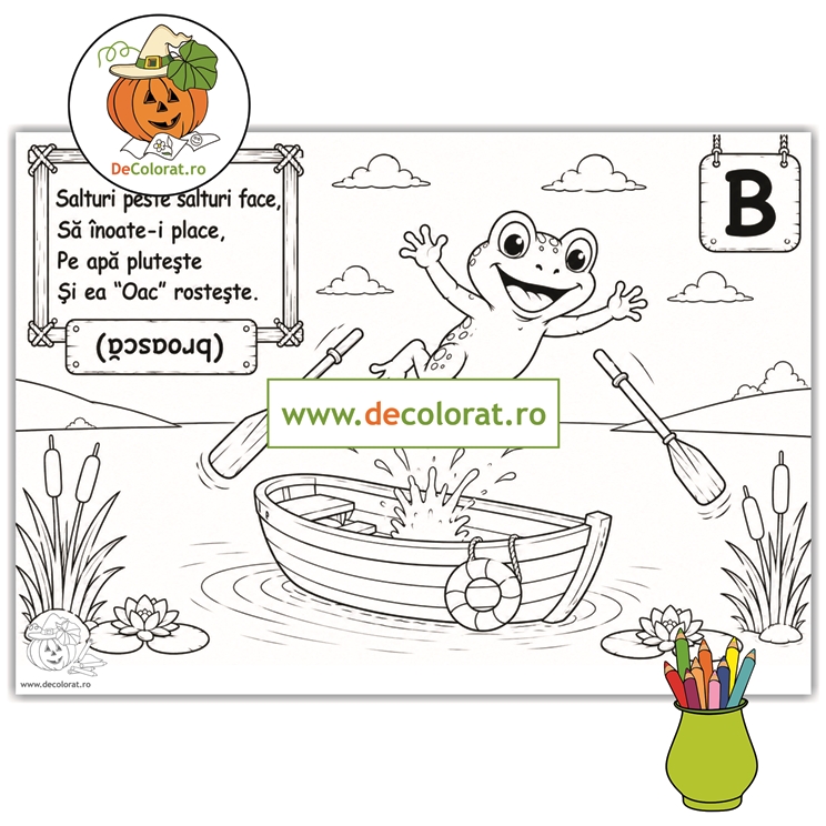 Planșă de colorat cu ghicitoare (broasca) pentru învătarea literei B