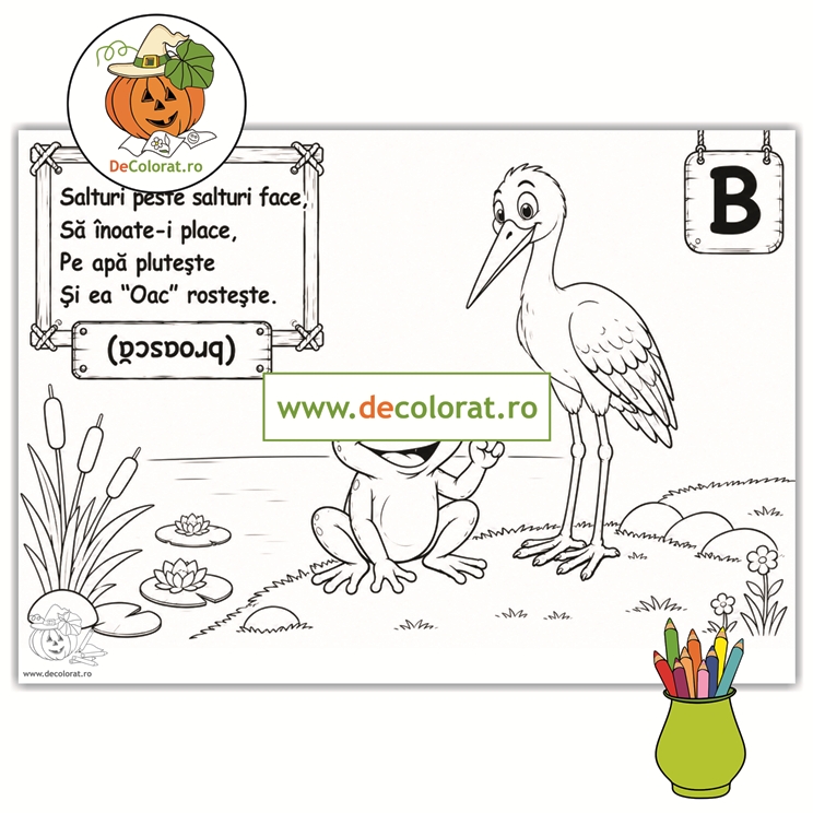 Planșă de colorat cu ghicitoare (broasca) pentru învătarea literei B