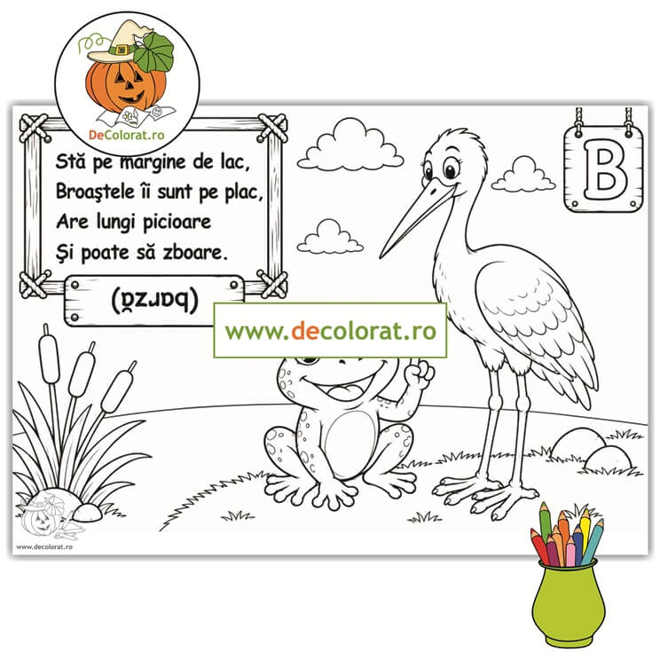 Planșă de colorat cu ghicitoare (barză) pentru învătarea literei B