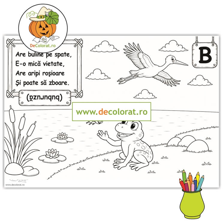 Planșă de colorat cu ghicitoare (buburuză) pentru învătarea literei B