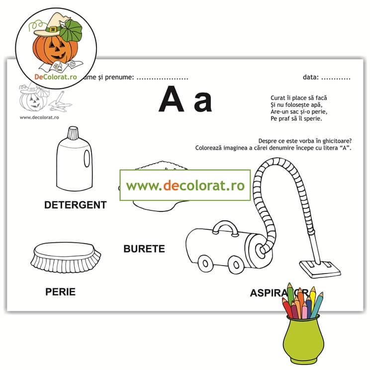 Litera și Sunetul A – fișă de lucru cu ghicitoare (aspirator)