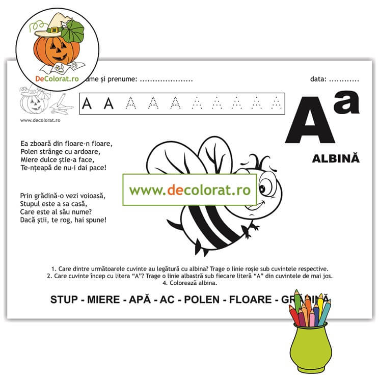 Litera și Sunetul A – fișă de trasare cu poezie ghicitoare (albină)
