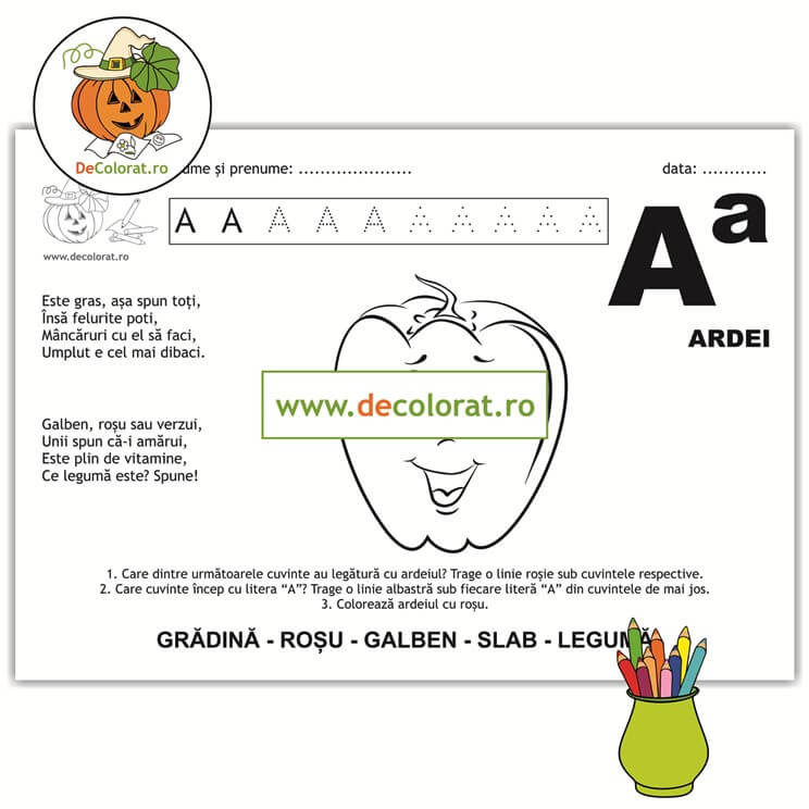 Litera și Sunetul A – fișă de trasare cu poezie ghicitoare (ardei)
