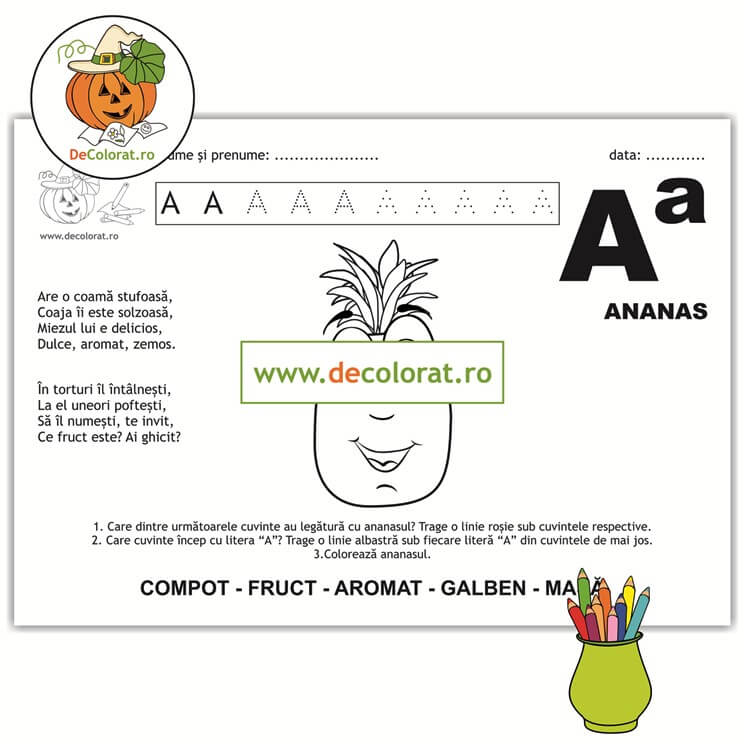 Litera și Sunetul A – fișă de trasare cu poezie ghicitoare (ananas)