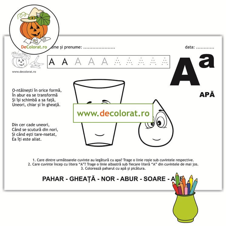 Litera și Sunetul A – fișă de trasare cu poezie ghicitoare (apă)