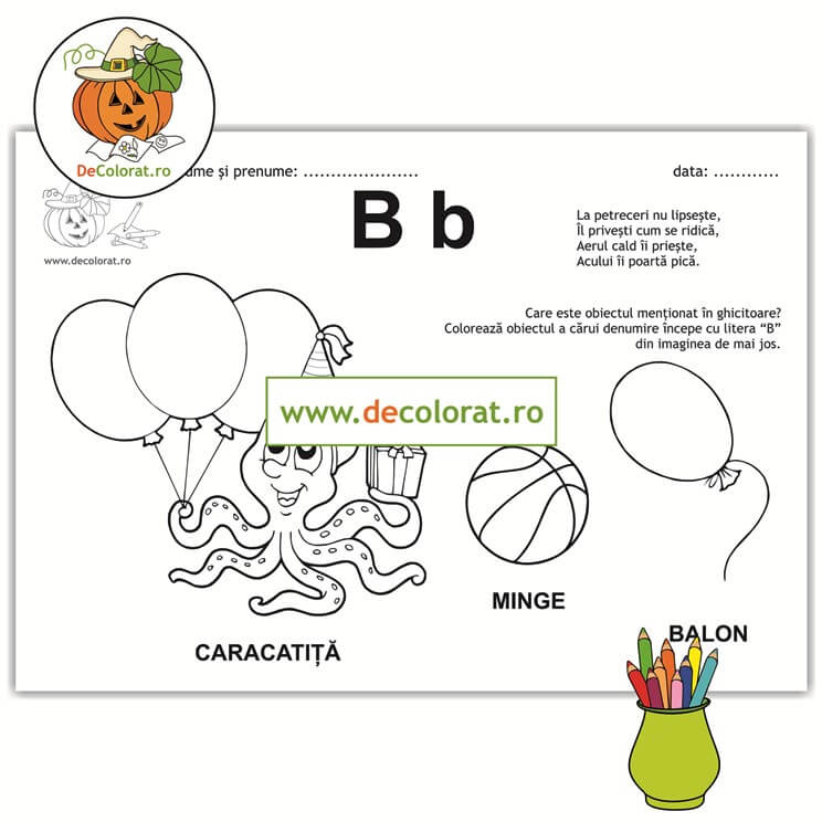 Litera și Sunetul B – fișă de lucru cu ghicitoare (balon)