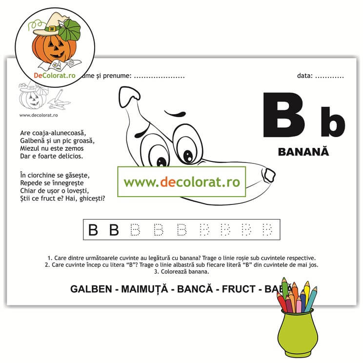 Litera și Sunetul B – fișă de trasare cu ghicitoare (banană)