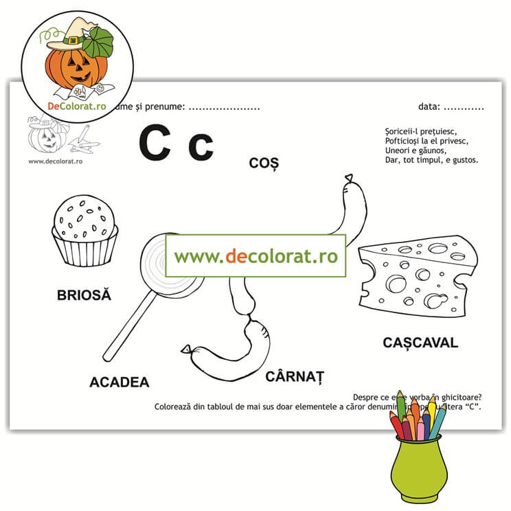 Litera și Sunetul C – fișă de lucru cu ghicitoare (cașcaval)