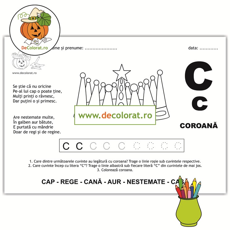 Litera și Sunetul C – fișă de trasare cu ghicitoare (coroană)