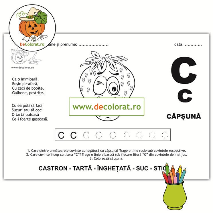 Litera și Sunetul C – fișă de trasare cu poezie ghicitoare (căpșună)