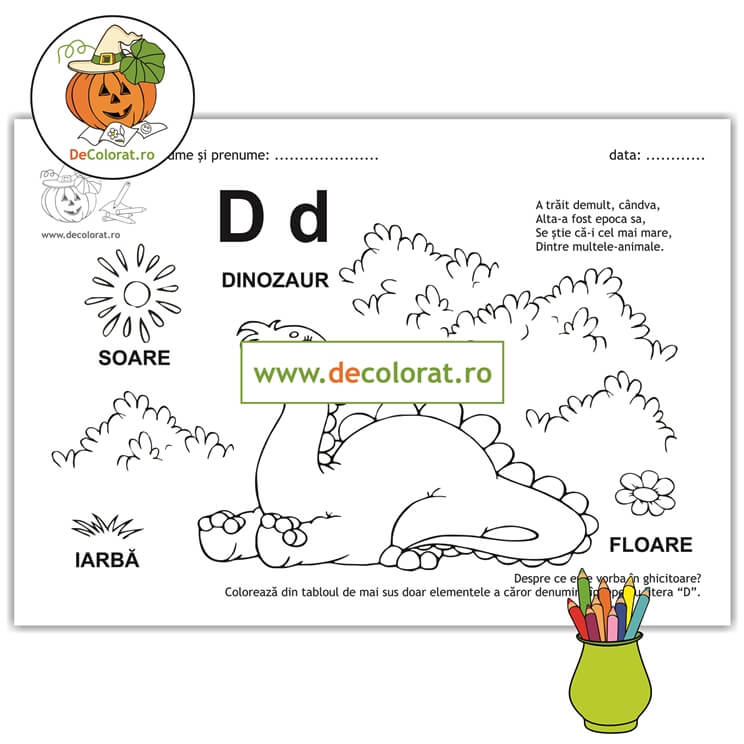 Litera și Sunetul D – fișă de lucru cu ghicitoare (dinozaur)