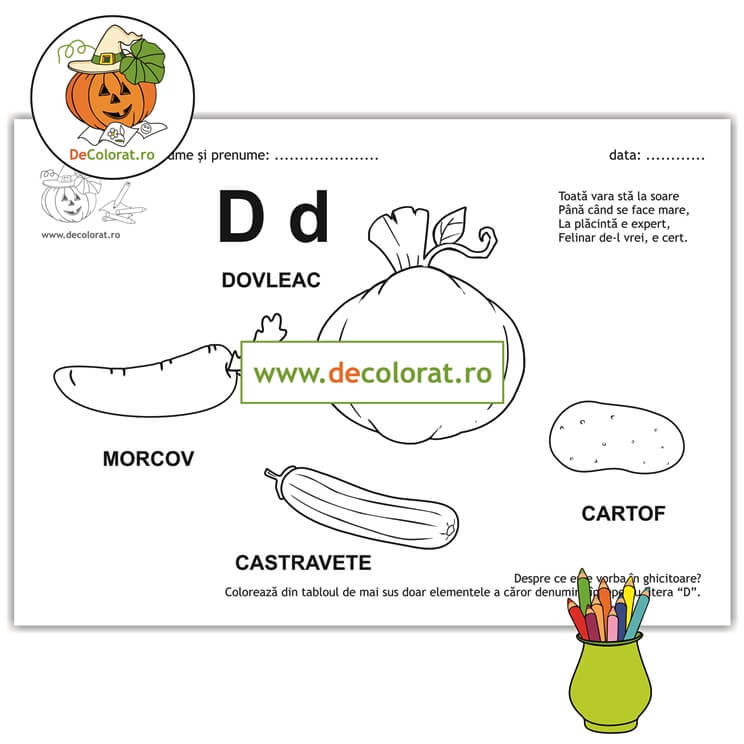 Litera și Sunetul D – fișă de lucru cu ghicitoare (dovleac)