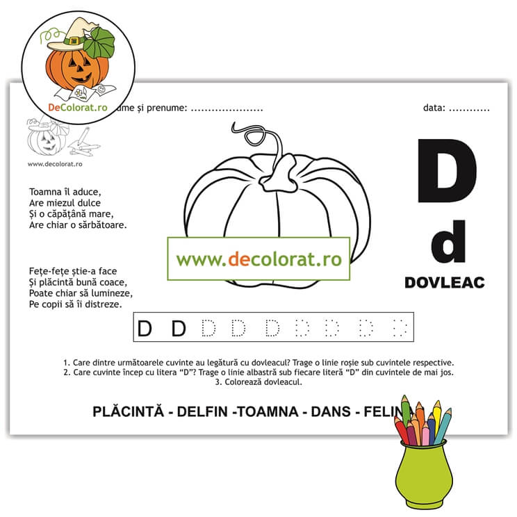 Litera și Sunetul D – fișă de trasare cu poezie ghicitoare (dovleac)