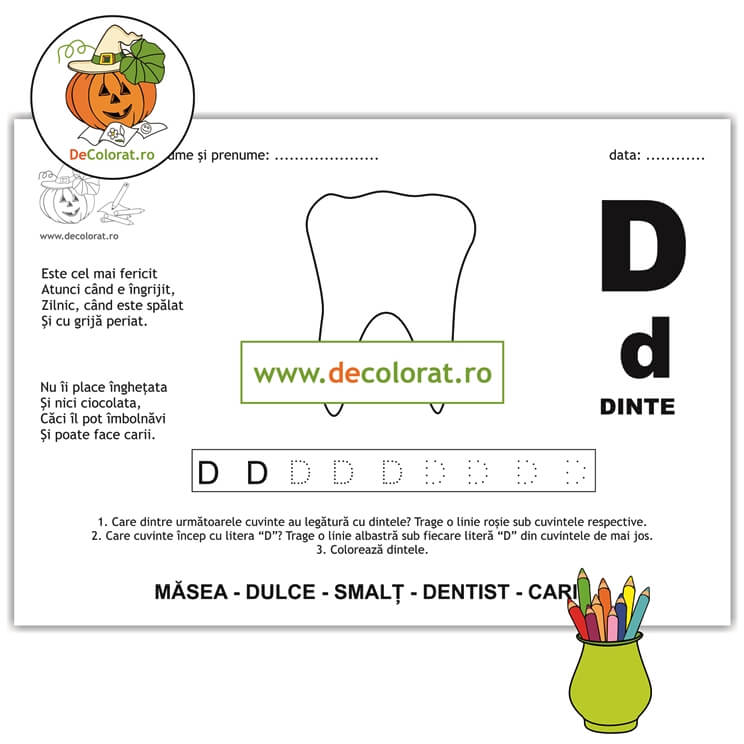Litera și Sunetul D – fișă de trasare cu poezie ghicitoare (dinte)