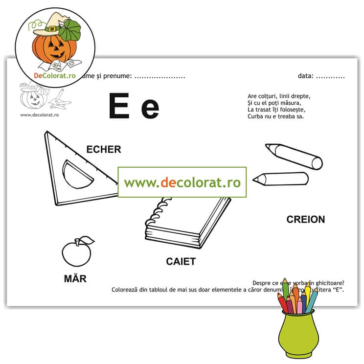 Litera și Sunetul E – fișă de lucru cu ghicitoare (echer)