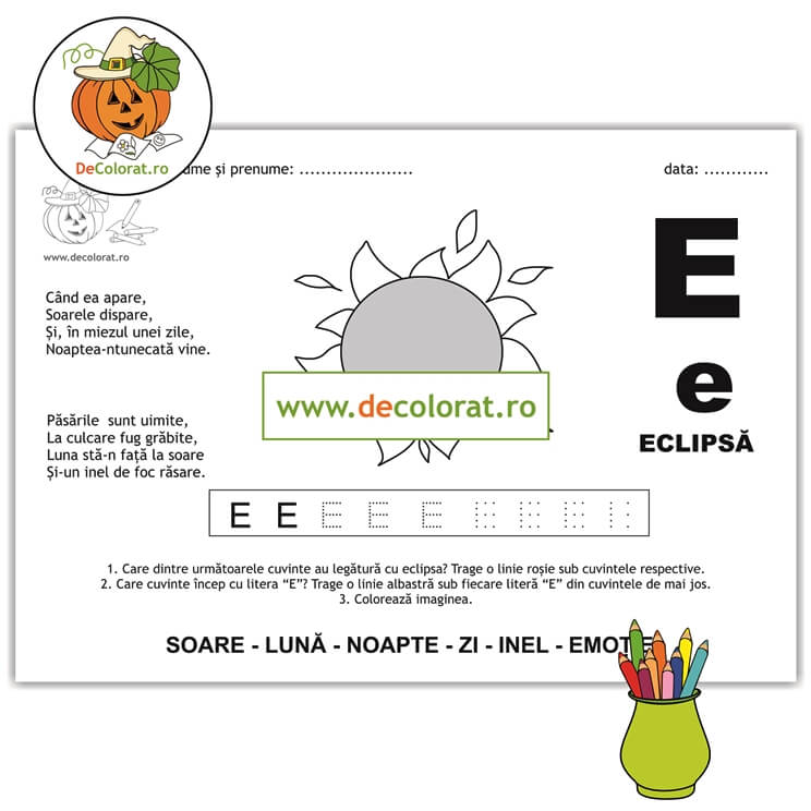 Litera și Sunetul E – fișă de trasare cu poezie ghicitoare (eclipsă)