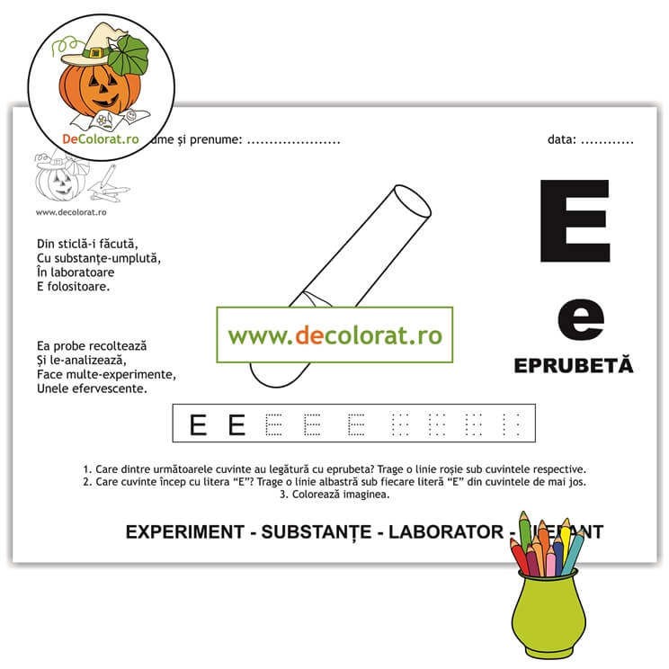 Litera și Sunetul E – fișă de trasare cu poezie ghicitoare (eprubetă)