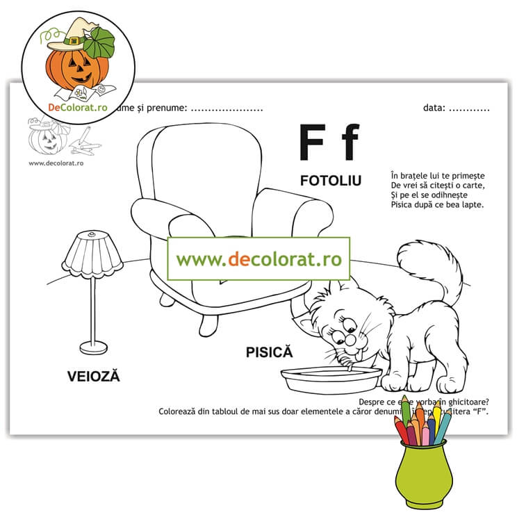 Litera și Sunetul F – fișă de lucru cu ghicitoare (fotoliu)