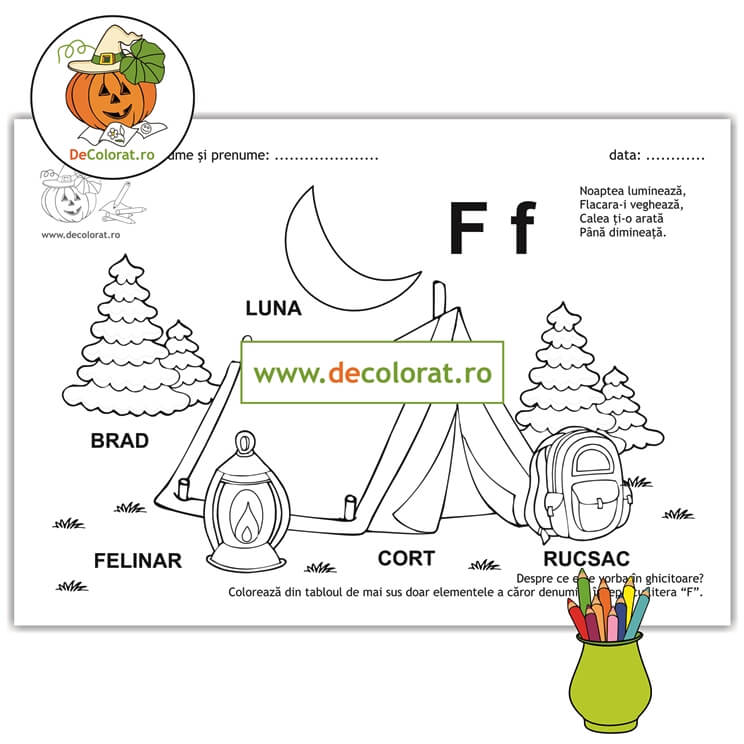 Litera și Sunetul F – fișă de lucru cu ghicitoare (felinar)