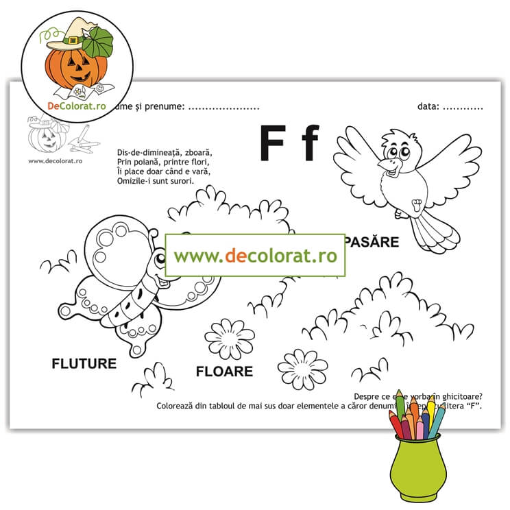 Litera și Sunetul F – fișă de lucru cu ghicitoare (fluture)