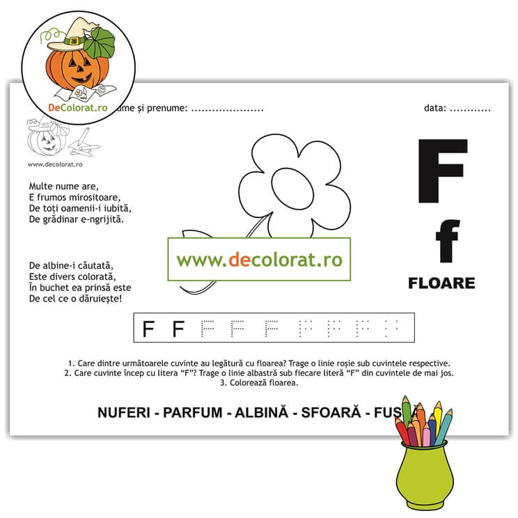 Litera și Sunetul F – fișă de trasare cu poezie ghicitoare (floare)