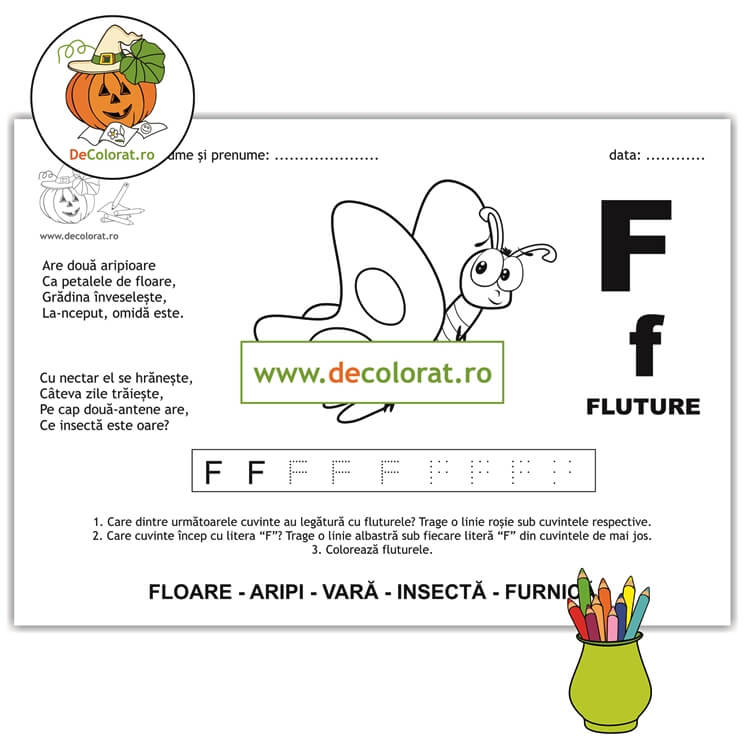 Litera și Sunetul F – fișă de trasare cu poezie ghicitoare (fluture)
