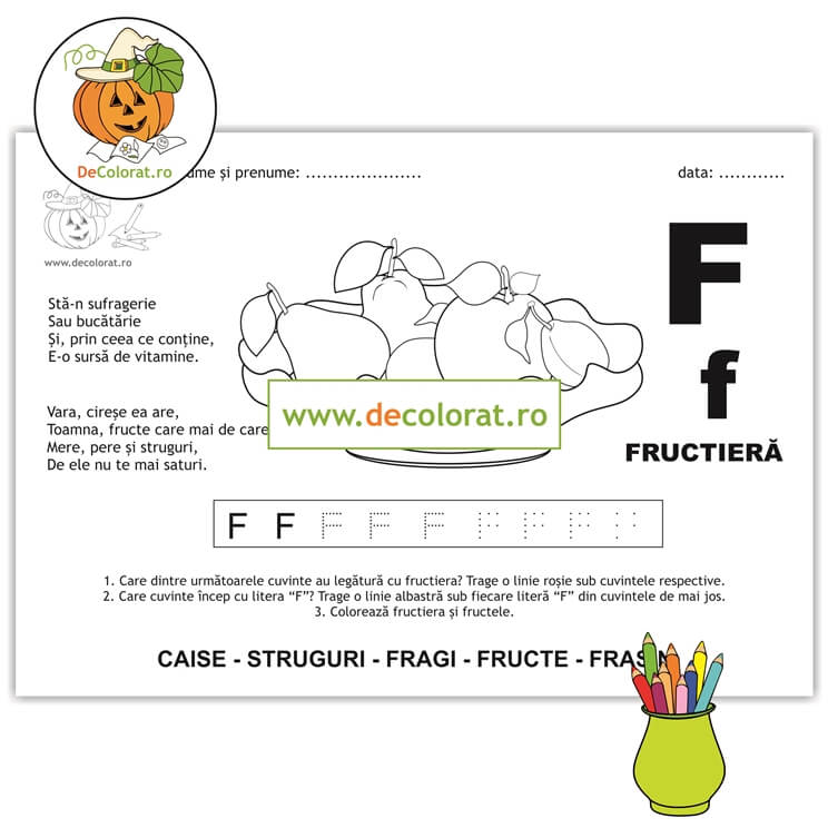 Litera și Sunetul F – fișă de trasare cu poezie ghicitoare (fructieră)