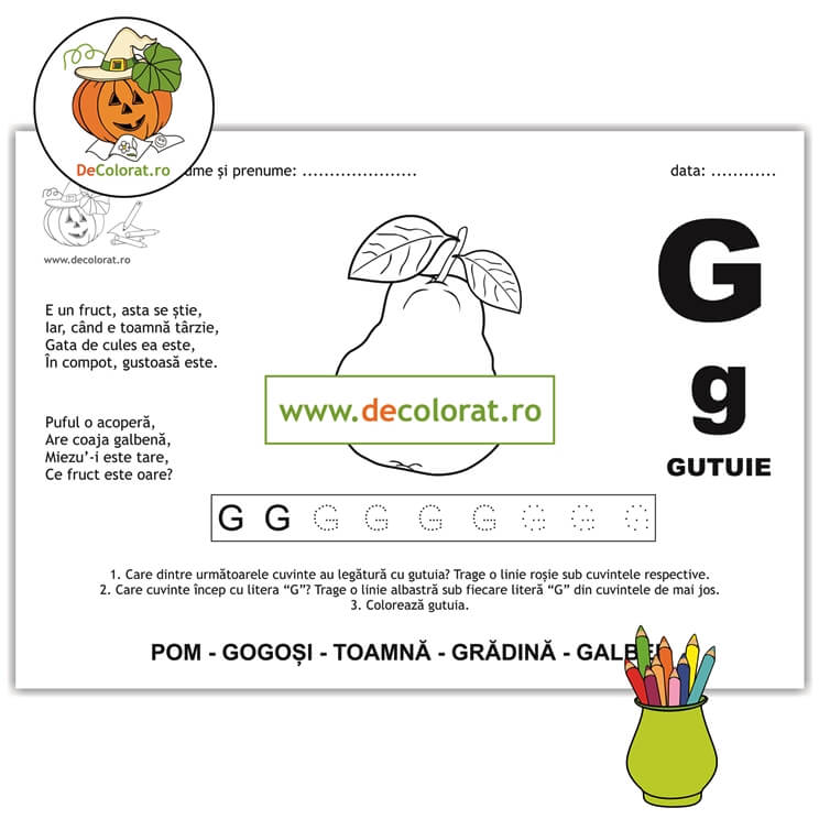 Litera și Sunetul G – fișă de trasare cu poezie ghicitoare (gutuie)