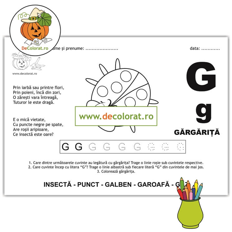Litera și Sunetul G – fișă de trasare cu poezie ghicitoare (gărgăriță)