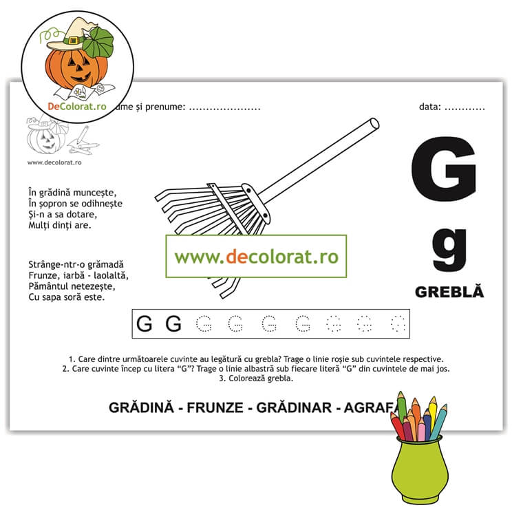 Litera și Sunetul G – fișă de trasare cu poezie ghicitoare (greblă)
