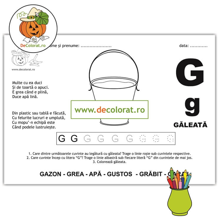 Litera și Sunetul G – fișă de trasare cu poezie ghicitoare (găleată)