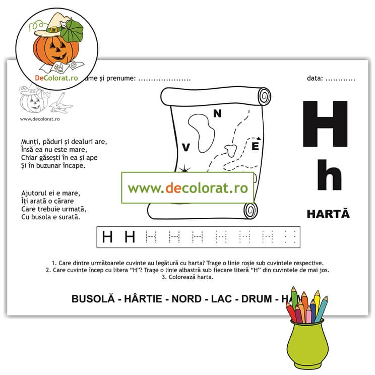 Litera și Sunetul H – fișă de trasare cu poezie ghicitoare (hartă)