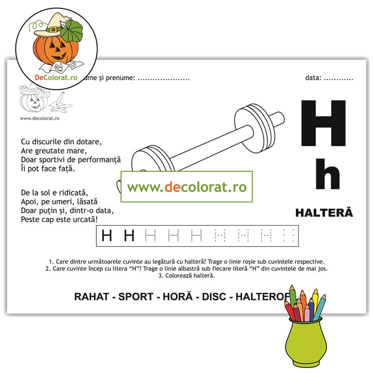 Litera și Sunetul H – fișă de trasare cu poezie ghicitoare (halteră)
