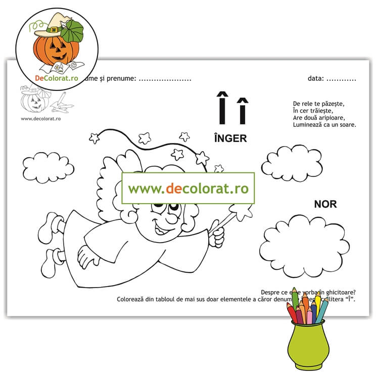 Litera și Sunetul Î – fișă de lucru cu ghicitoare (înger)