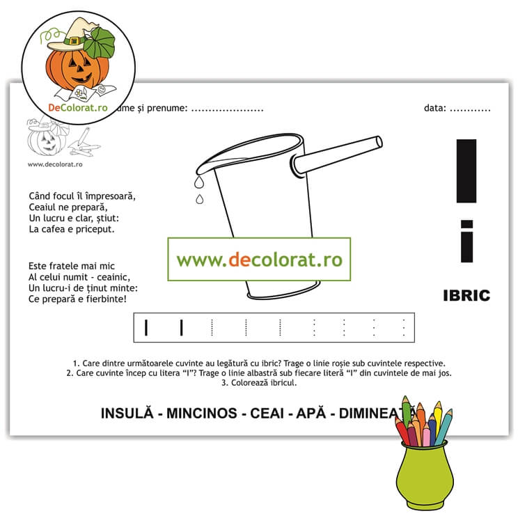 Litera și Sunetul I – fișă de trasare cu poezie ghicitoare (ibric)