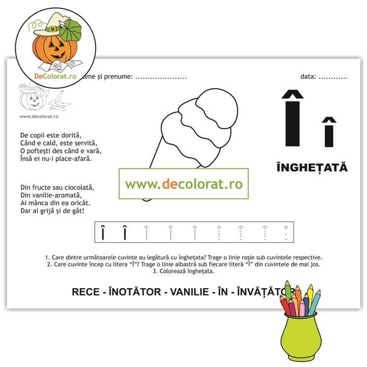 Litera și Sunetul Î – fișă de trasare cu poezie ghicitoare (înghețată)