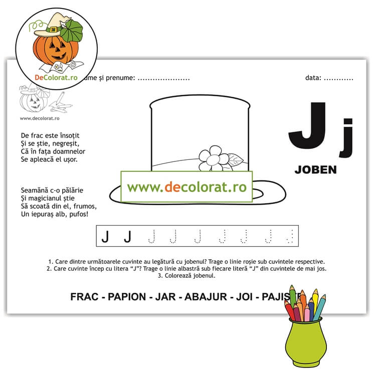 Litera și Sunetul J – fișă de trasare cu poezie ghicitoare (joben)