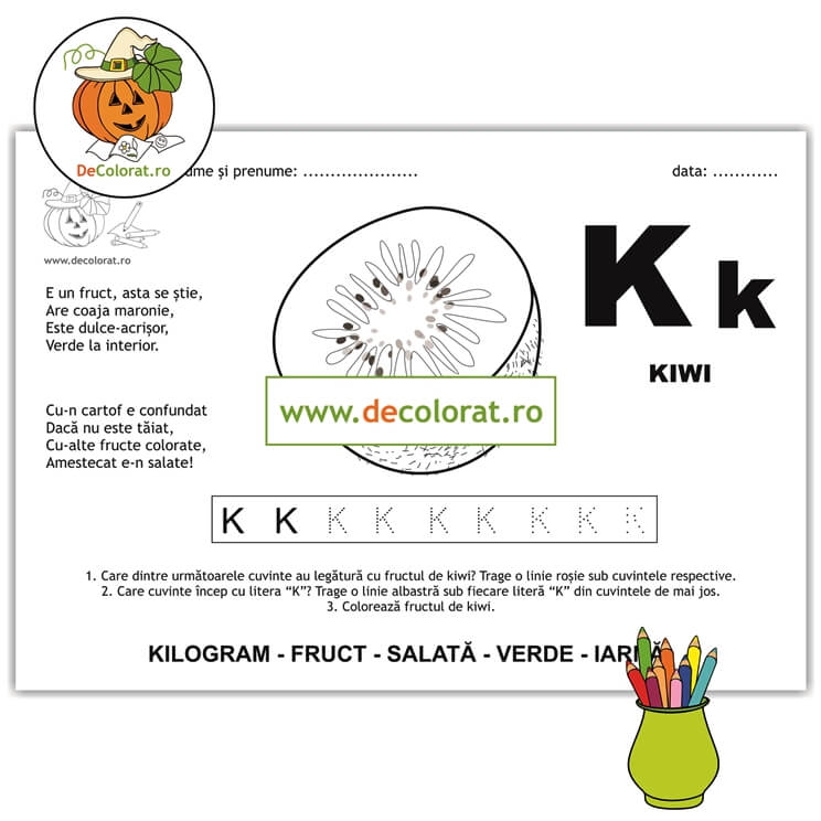 Litera și Sunetul K – fișă de trasare cu poezie ghicitoare (kiwi)