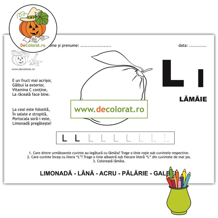 Litera și Sunetul L – fișă de trasare cu poezie ghicitoare (lămâie)