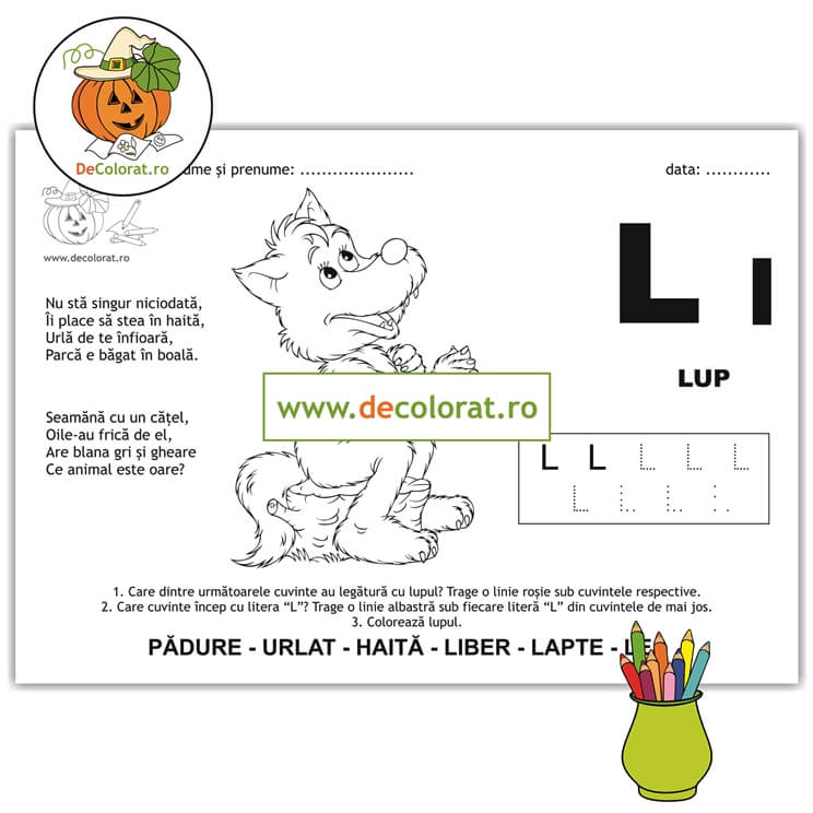 Litera și Sunetul L – fișă de trasare cu poezie ghicitoare (lup)