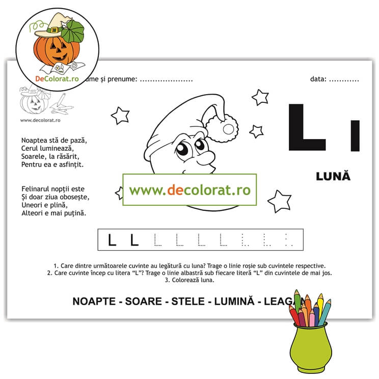 Litera și Sunetul L – fișă de trasare cu poezie ghicitoare (lună)