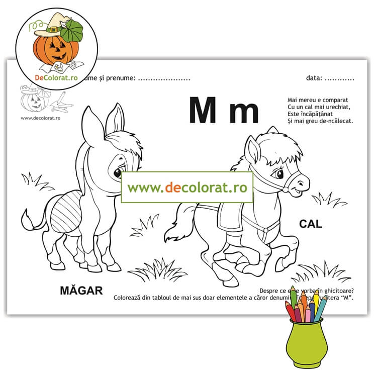 Litera și Sunetul M – fișă de lucru cu ghicitoare (măgar)