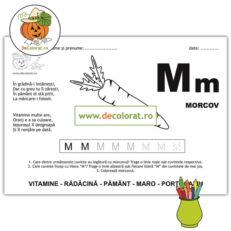 Litera și Sunetul M – fișă de trasare cu poezie ghicitoare (morcov)