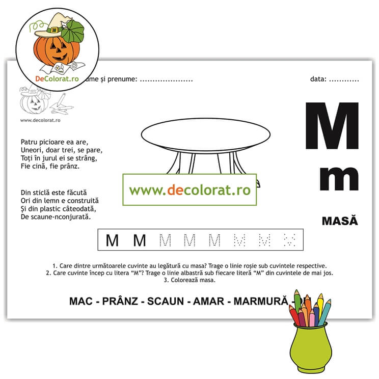 Litera și Sunetul M – fișă de trasare cu poezie ghicitoare (masă)