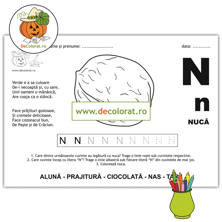 Litera și Sunetul N – fișă de trasare cu poezie ghicitoare (nucă)