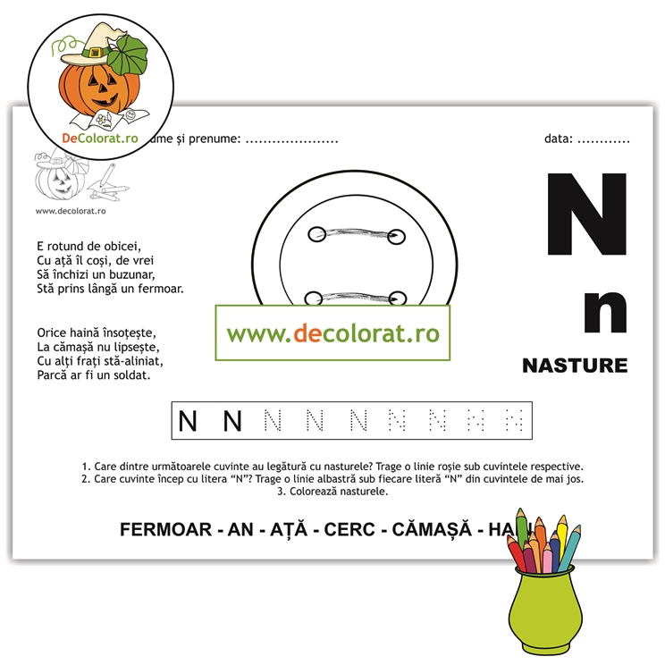 Litera și Sunetul N – fișă de trasare cu poezie ghicitoare (nasture)
