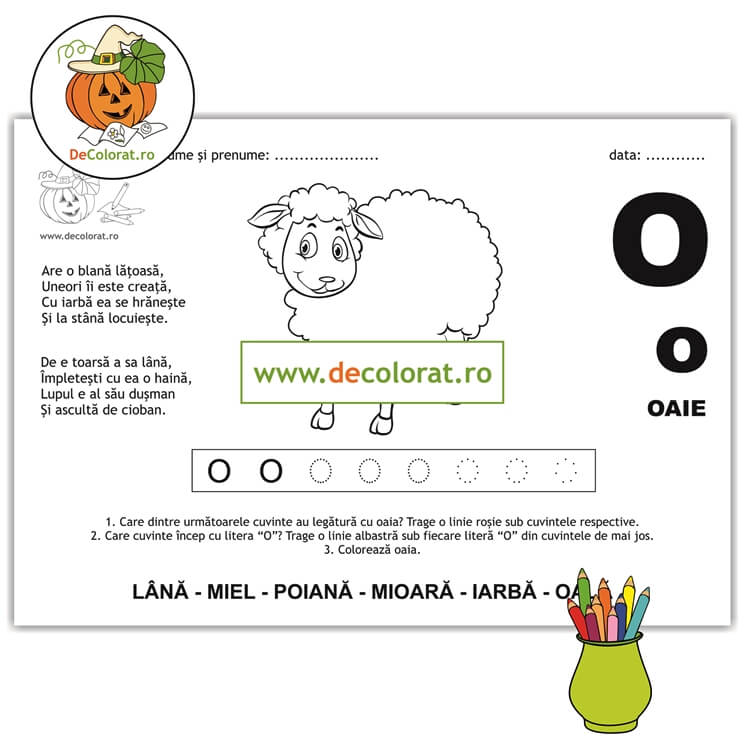 Litera și Sunetul O – fișă de trasare cu poezie ghicitoare (oaie)
