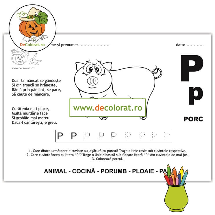 Litera și Sunetul P – fișă de trasare cu poezie ghicitoare (porc)