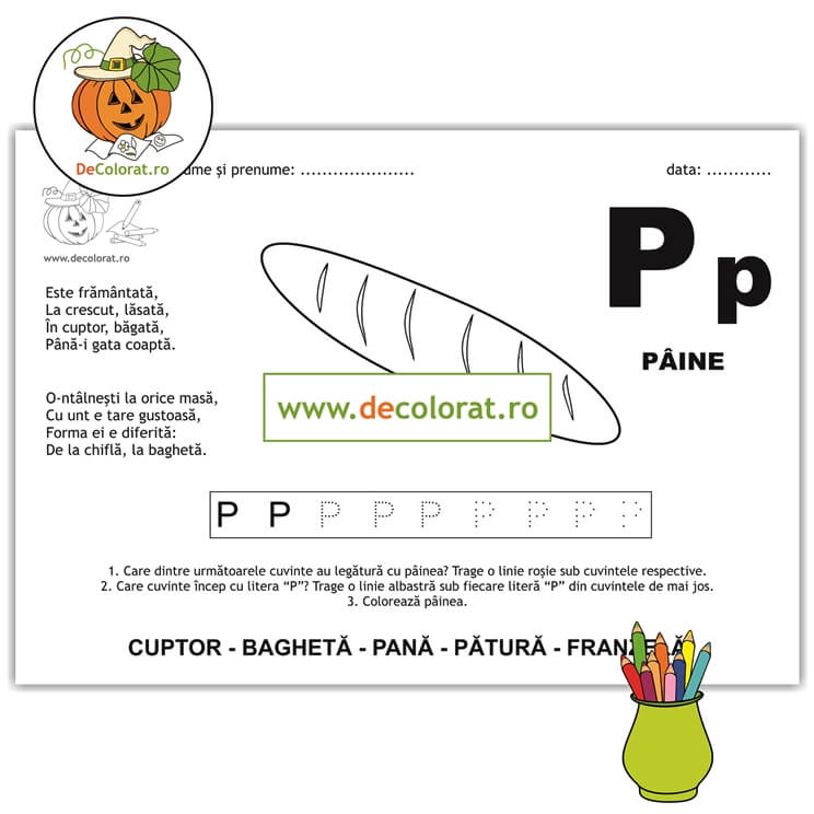 Litera și Sunetul P – fișă de trasare cu poezie ghicitoare (pâine)