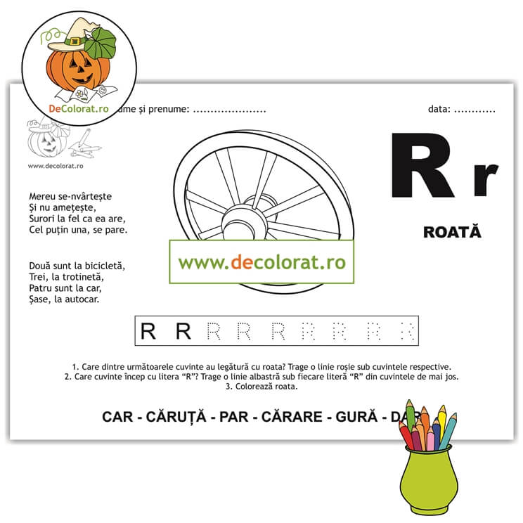 Litera și Sunetul R – fișă de trasare cu poezie ghicitoare (roată)